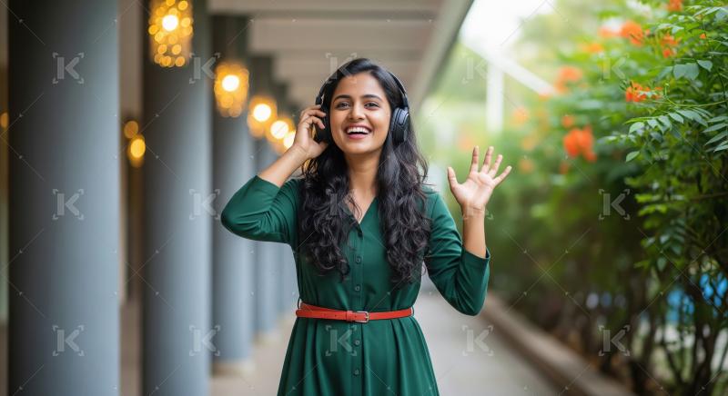 Young beautiful indian woman listening music outdoor