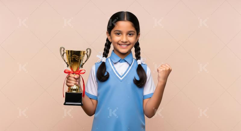 Indian schoolgirl celebrates her victory, proudly holding a trop