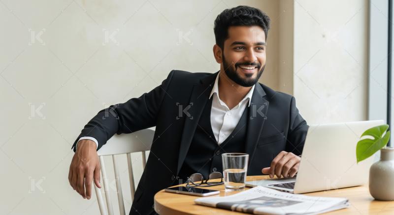 A confident Indian businessman in a black suit is seated at a de
