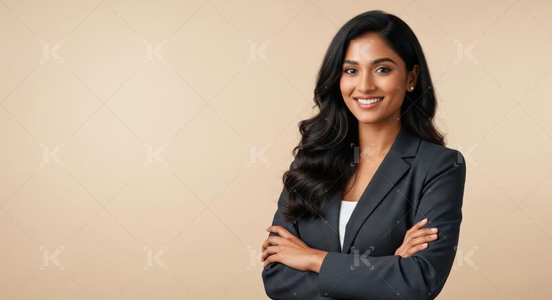 An elegant Indian businesswoman in a grey blazer stands confiden