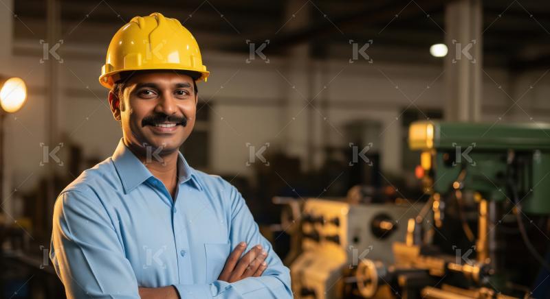 A confident Indian engineer in a light blue shirt and yellow saf