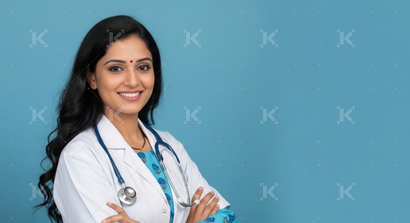 A confident young Indian female doctor stands with folded arms i