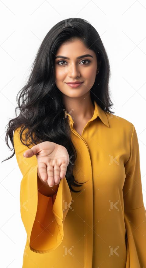 A beautiful young Indian woman in a yellow dress extends her ope