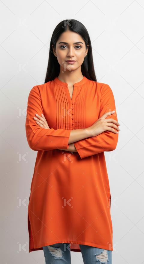 A confident young Indian woman in a modern orange kurta stands w