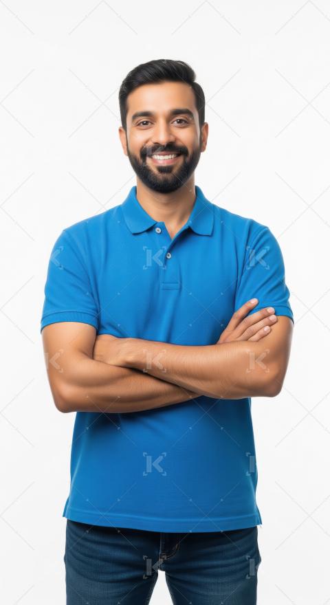 A cheerful young Indian man in a blue polo shirt stands confiden