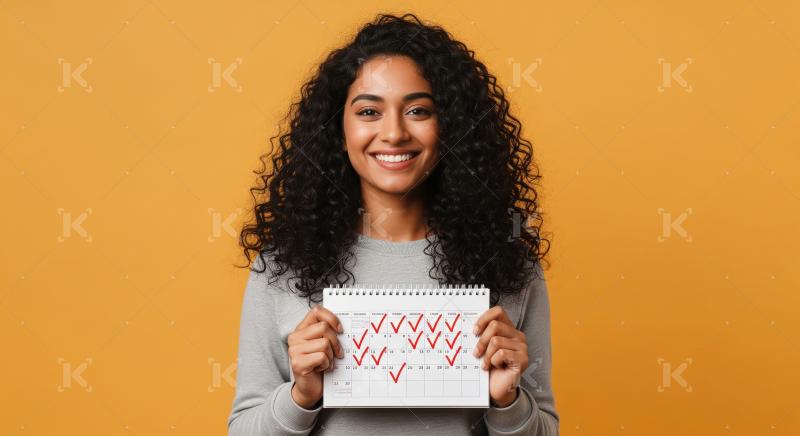 Indian woman holds a calendar marked with red checks, symbolizin
