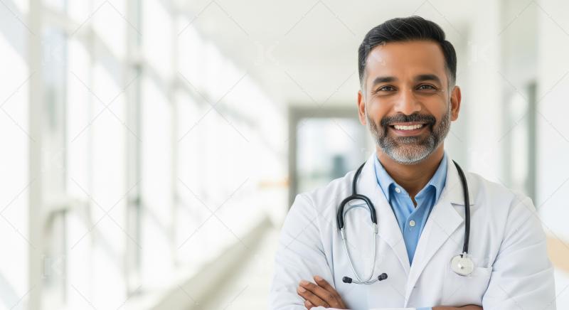 A professional middle-aged Indian male doctor in a white coat an