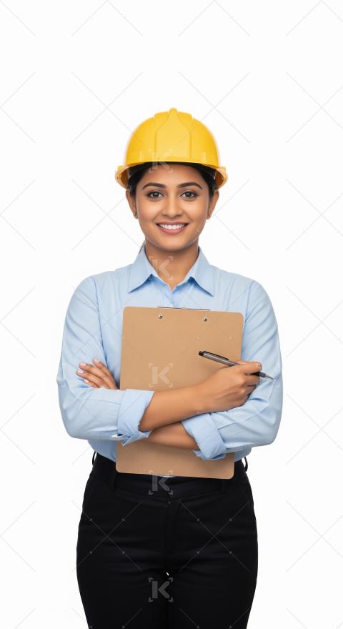 A professional young Indian woman engineer wearing a yellow safe