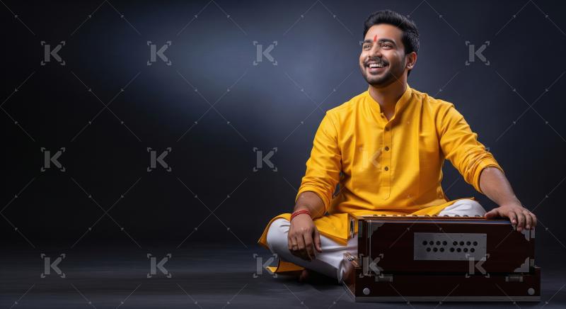 A joyful Indian man in a yellow kurta sits cross-legged on stage