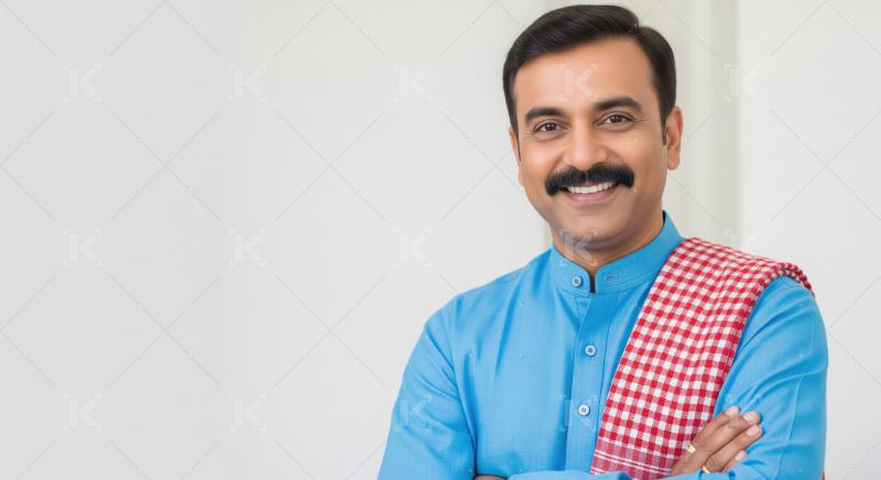 A friendly Indian chef in a blue kurta with a red checked towel