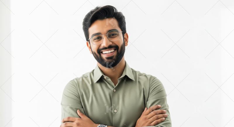 A confident, stylish young Indian man in a sage green shirt stan