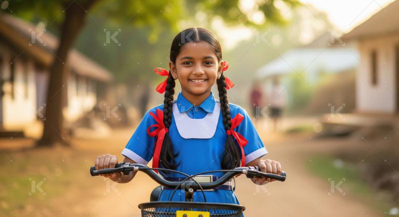 A cheerful Indian schoolgirl in blue uniform with braided hair a