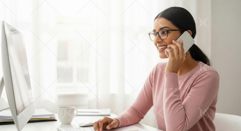 A cheerful Indian woman in glasses talks on the phone while work