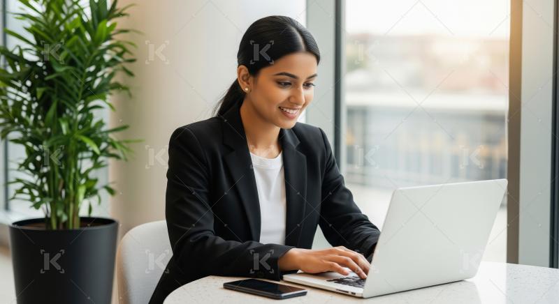 A confident young Indian businesswoman works on a laptop in a mo