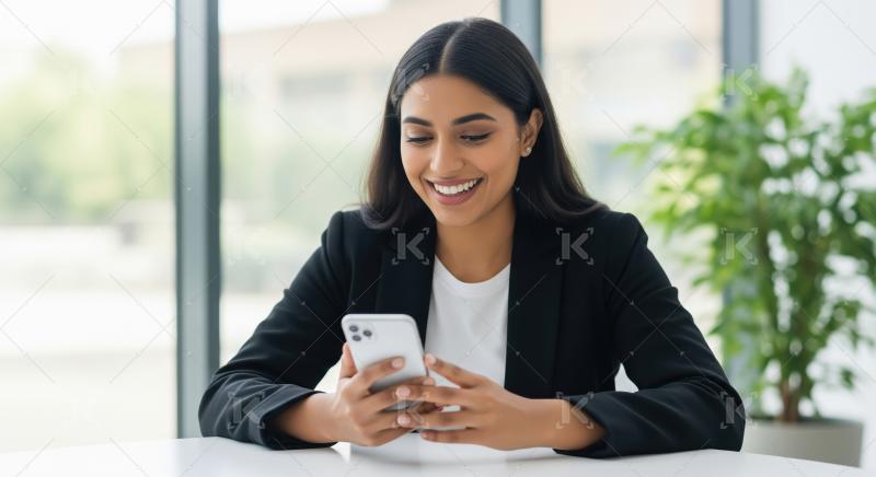 A confident young Indian businesswoman in formal attire smiles w