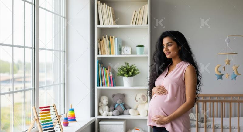 A radiant pregnant Indian woman stands holding her belly and loo
