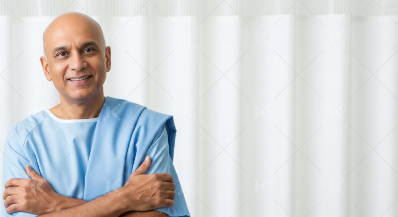 A middle-aged bald Indian man in a blue hospital gown stands wit
