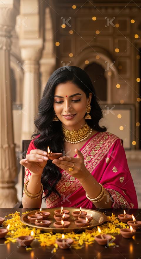 A young Indian woman in a pink saree lights decorative oil lamps