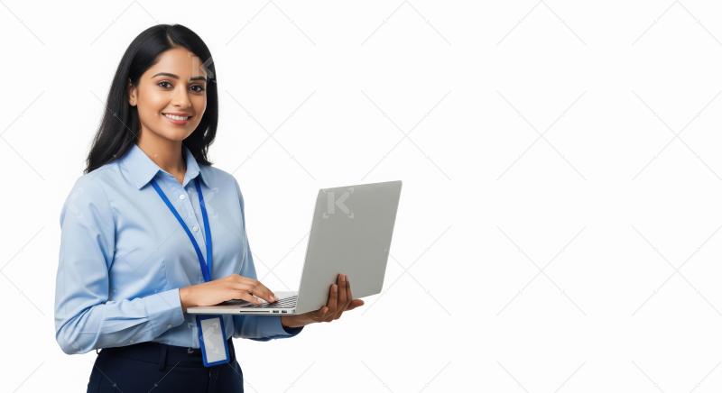 Young corporate woman using laptop on white background