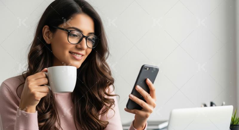 A young woman with wavy hair is enjoying a cup of coffee while c