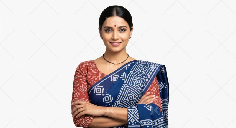 A confident Indian woman in a blue and red patterned saree stand
