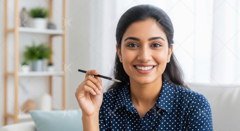 A thoughtful Indian woman in a blue polka dot shirt sits indoors