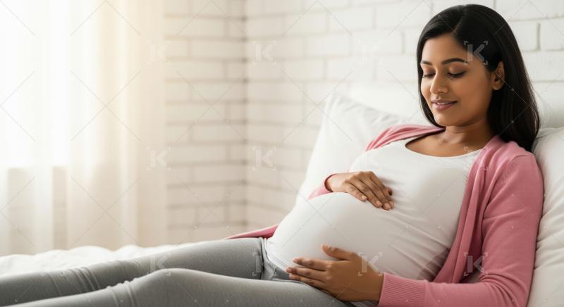 Indian pregnant woman sitting on sofa and touching her belly
