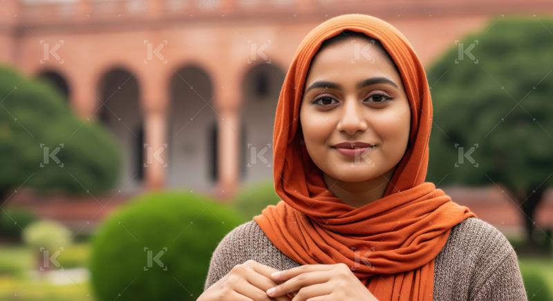 A young Indian woman in an orange hijab stands outdoors in front