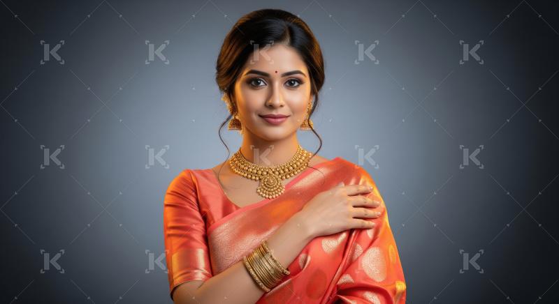 Young beautiful indian woman traditional red saree and gold jewl