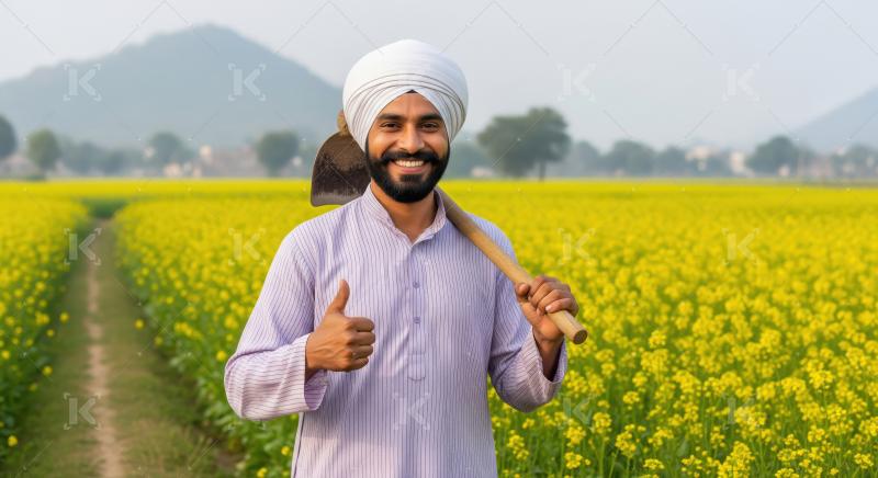 Indian sikh religious farmer holding tool and standing at agricu