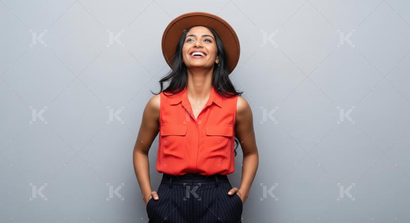 A stylish young Indian woman in an orange sleeveless top and hat