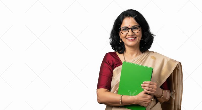 A smiling middle-aged Indian woman in a saree stands holding a g