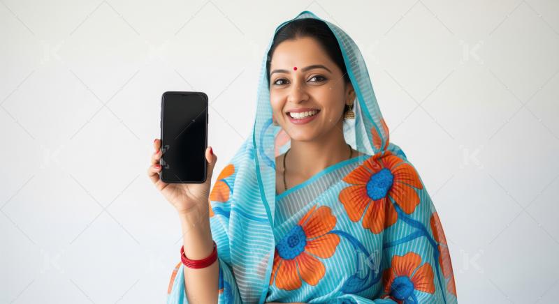 A cheerful Indian woman in a colorful saree confidently displays