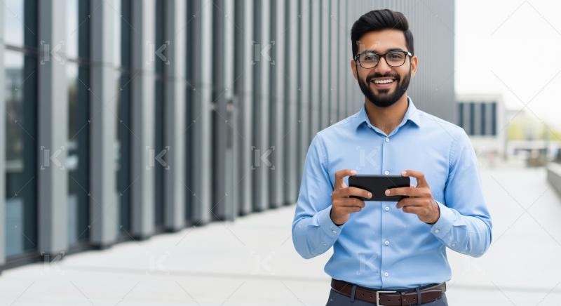 A confident young Indian man in business attire stands outdoors,