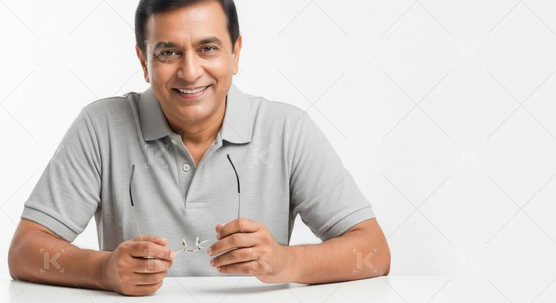A cheerful middle-aged Indian man in a grey polo shirt sits at a