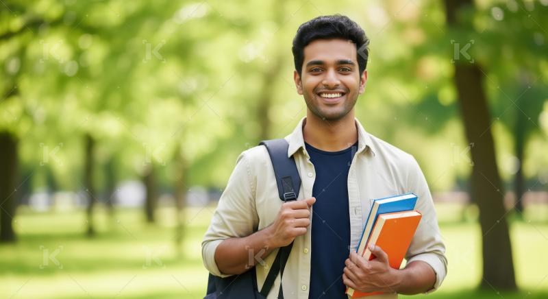 A cheerful young Indian student stands outdoors in a park, smili