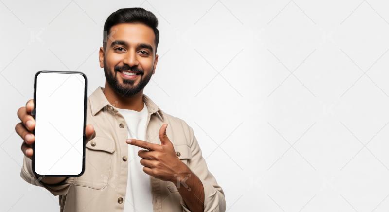 A cheerful young Indian man displaying a smartphone with a blank