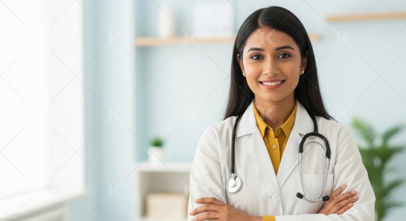 A confident young Indian female doctor stands with a stethoscope