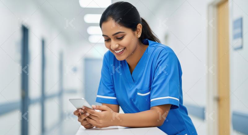 A cheerful young Indian nurse in blue scrubs smiles while using