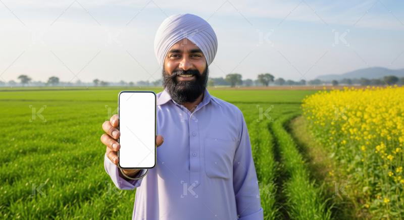 A cheerful Sikh farmer in traditional attire stands in a green f