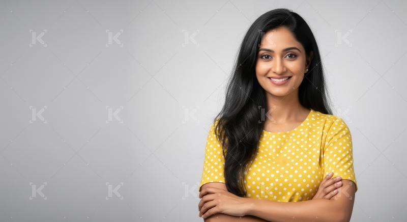 A confident Indian woman in a yellow polka dot dress stands with