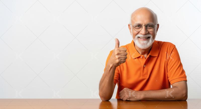 A cheerful elderly Indian man with a white beard and glasses giv