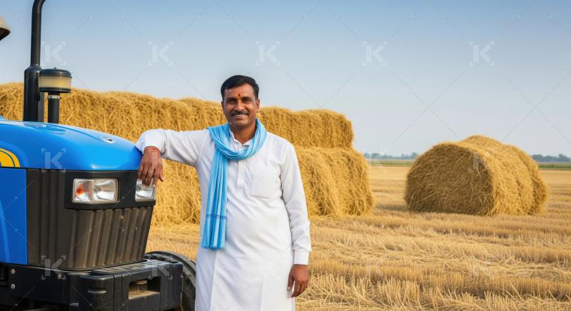 A cheerful Indian farmer in traditional attire stands beside a b