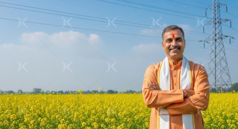 A cheerful mid-aged Indian man in traditional attire stands conf