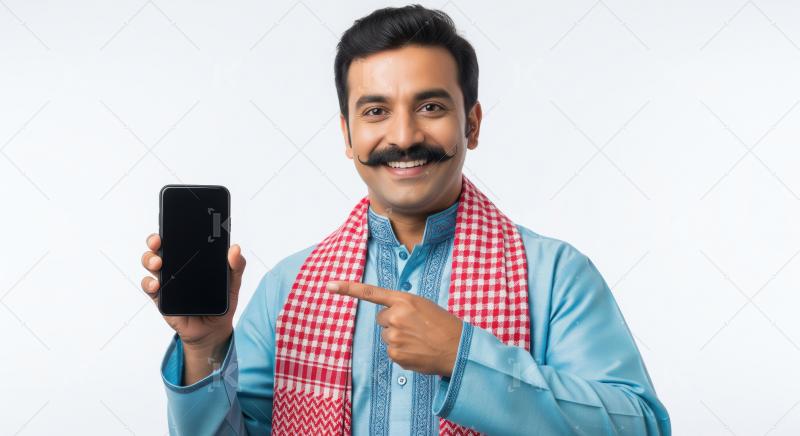 Indian farmer in blue kurta showing smartphone screen