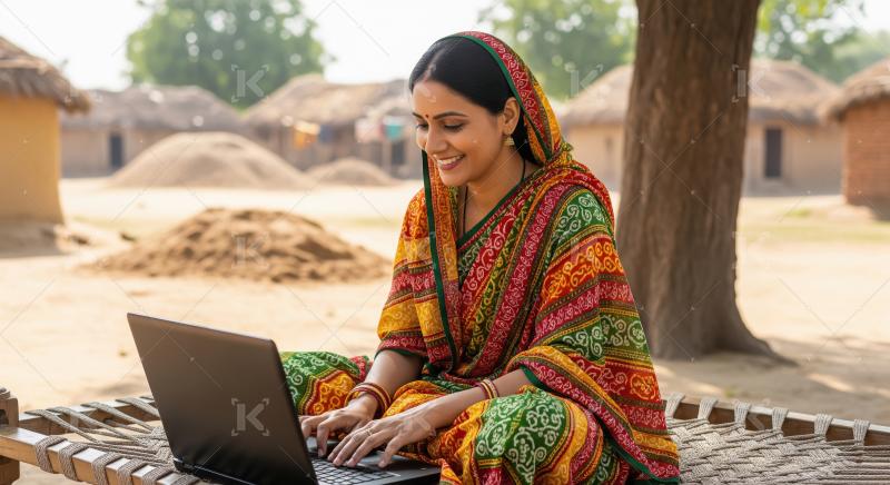 A cheerful Indian woman in a colorful saree sits outdoors in a r