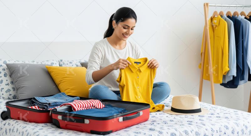 A young Indian woman sits on a bed packing a suitcase, holding a