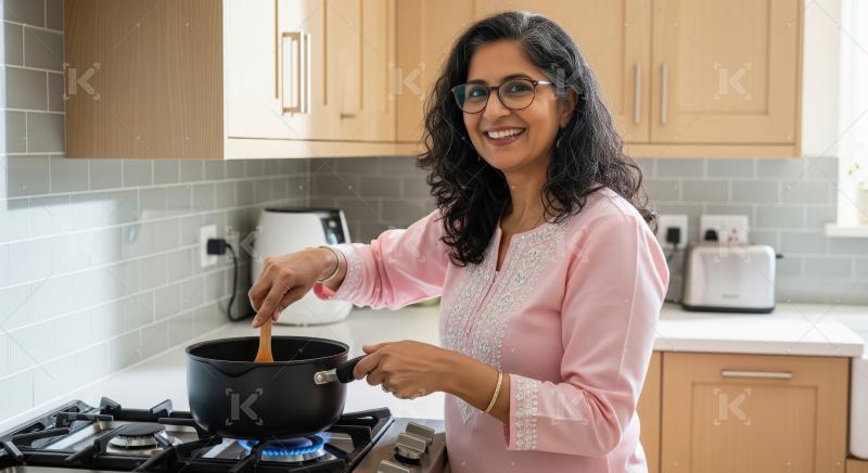 An Indian woman in a pink kurta is cooking on a gas stove in a m
