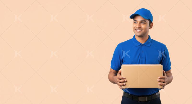 A young Indian delivery man in a blue uniform and cap stands hol