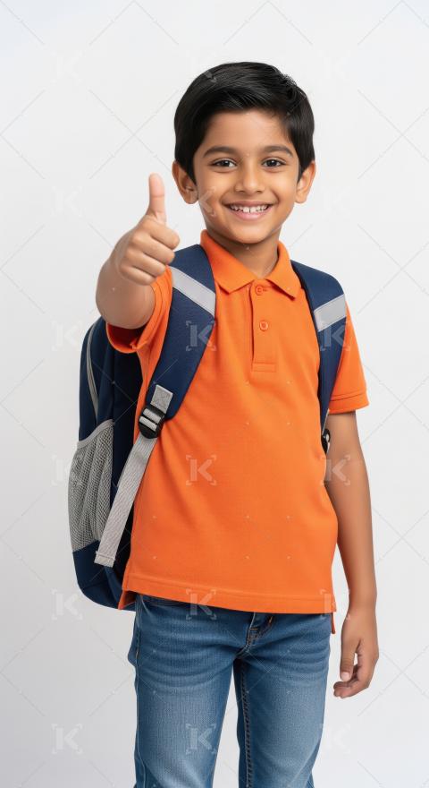 A young Indian boy wearing an orange shirt and backpack gives a